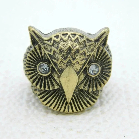 Vintage Gold Tone Clear Rhinestone Eyed Owl Ring - Picture 1 of 4